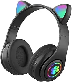 Fone de Ouvido com Orelha de Gatinho Infantil Headphone Bluetooth com Luzes RGB nas Orelhinhas e Patinhas para Crianças Tamanho Ajustável Dobrável (Preto)