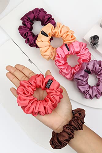 Image of Premium Satin Scrunchies for Women | Hair Bands, Ponytail Holders & Rubber Bands | Fluffy, No-Damage Hair Ties | Girls Hair Accessories | Medium Size | Pack of 6