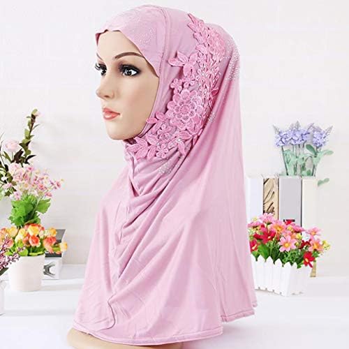 Lace Embroidery Plain Color Hijab Long Head Wrap Flower Pattern Faux Diamond Scarf Shawl