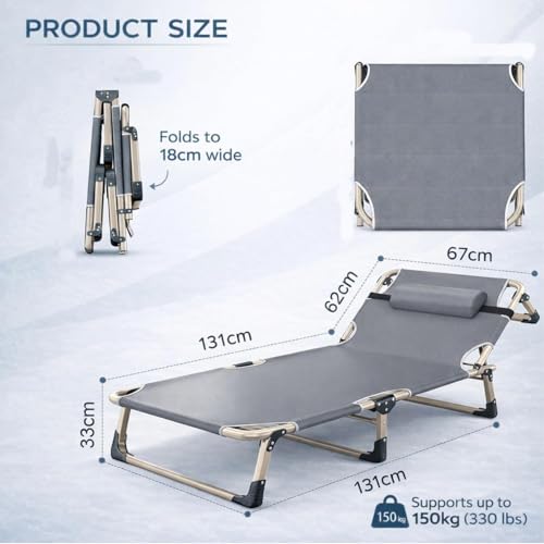 Image of 5in1 Folding Bed for Sleeping with Removable Soft Cushion 4cm & Pillow Multi Adjustable Convertable Indoor Recliner Bed for Adults Outdoor for Travelling Upto 150KG (193cmx67cm X34cm)