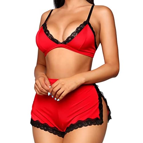 RSLOVE Sexy Pajamas for Women Soft Lingerie Set Lace Trim Sleepwear 2 piece Pjs Shorts Set Small Red