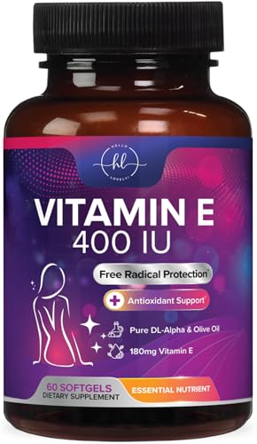 Vitamin E 400 IU (180 mg) - Powerful Hair & Skin Support Supplement - dl-Alpha VitaminE Immune Health Support with Antioxidants - Bottled in USA, Easily Absorbed, Non-GMO & Gluten Free - 60 Softgels