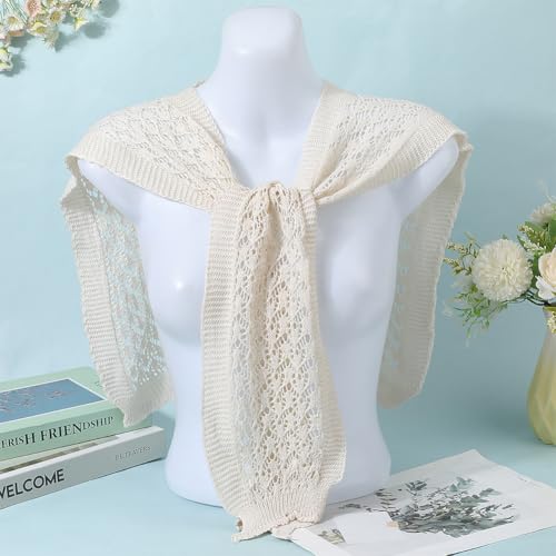 White Knit Shawl Wrap Crochet Sweater Shawls Hollow Knitted Casual Poncho Cape Scarf Blouse Shoulders Tied Detachable Knotted False Faux Collar for Women Outfit Party Dresses Accessories3
