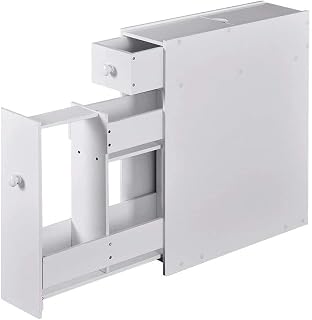 Bathroom Floor Cabinet, Wooden Slim Storage Cupboard with Slide Out Drawers, Home Living Room Hallway Narrow Toilet Paper Organiser Unit - White