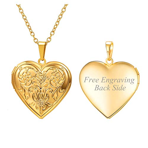 U7 Women Locket Necklace Platinum 14K Gold Photo Lockets that Hold Picture,Chain 20 Inch Personalized Gift Custom Love Heart Image Necklaces 02# Gold*
