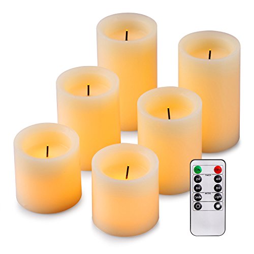 Pandaing Flameless Flickering LED Candles with 10-Key Remote Control Timer Classic Pillar Optical Fiber Wick Real Wax Candles, Battery Powered, Ivory Color, Set of 6