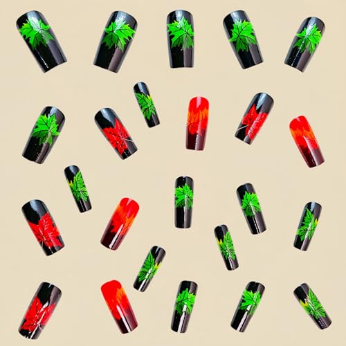 Black Fall Press on Nails Medium Square Fake Nails with Design Autumn Orange Green Maple Leaf Acrylic Nails Artificial Glue on False Nails for Women 24 Pcs Manicure — view 2