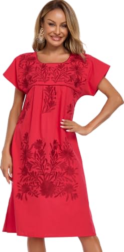 Image of YZXDORWJ Women Mexican Embroidered Long Dress Ruffle Collar Maxi Boho Floral Summer Short Sleeve