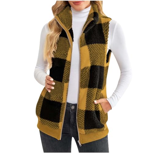 Women's Plaid Fleece Vest Casual Sleeveless Zip Up Winter Warm Sherpa Jacket with Pockets Open Front Cardigan Coat