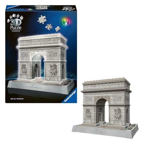 Ravensburger 3D Puzzle Iconics: 12008029 Triumphbogen Paris - mit Licht - Das berühmte Monument am Ende der Champs Élysées in Paris als beleuchtetes Modell