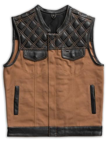 First Mfg Co - Hunt Club - Men's Motorcycle Biker Riding Tan Leather, Canvas Vest - 5X Large - Diamond Quilted Cowhide Leather