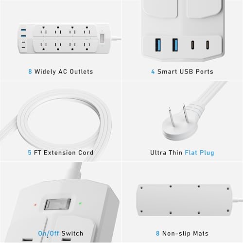 Image of 2 Prong Smart Plug Power Strip, Yozisital 2 Prong to 3 Prong Outlet Adapter, Surge Protector 2000J, 5 FT Flat Plug Extension Cord with 8 Outlets 4 USB Ports(2 USB C), Wall Mountable, White