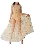 Women See Through Cover Up Straps Sleeveless Strappy Star Lace Mesh Beach Dresses Swimwear Bikini Cover Ups (Gold, L)