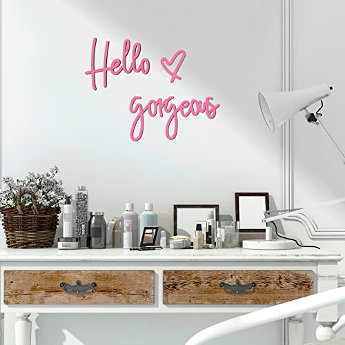 Image of Blulu Hello Gorgeous Wall Decor Sign Hello Gorgeous Wall Art Minimalist Wooden Words Decor for Lash Room, Salon, Vanity or Makeup Room, Bathroom, Bedroom, Office(Pink)