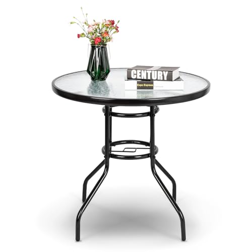 VINGLI Round Patio Table with Umbrella Hole, 32" Outdoor Dining Table Steel Tempered Glass Patio Tables Round Outdoor Tables for Balcony Garden Deck