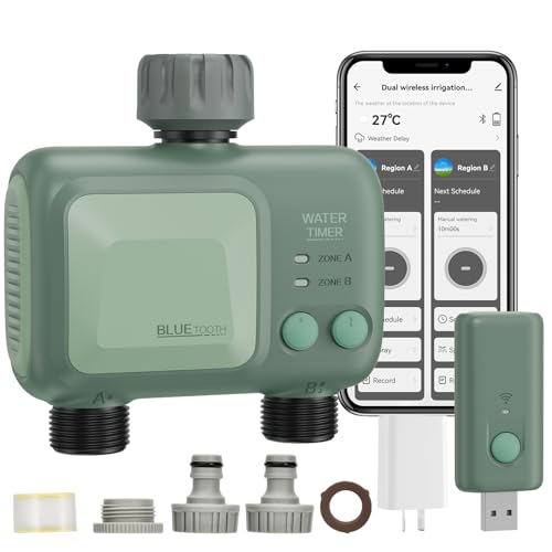 XinFuture Water Timer, Programmable Garden Hose Timer with Rain Delay, Manual& Automatic Watering System, Waterproof Digital Irrigation Controller Watering Lawn Evenly (Light Green, 2 Outlet-WiFi)