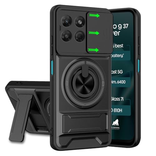 Image of Motorola Moto G37 Power 5G Back Cover | Armor Camera Slider 360 Degree Rotating Finger Ring Holder Case with Bracket Stand Back Case Cover (Compatible with MagSafe Accessories) (Black)