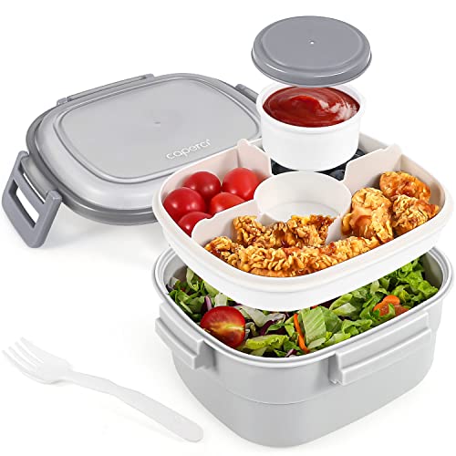 Caperci Superior Salad Container for Lunch To Go - Large 55-oz Salad Bowl Lunch Box Container with 4-Compartment Bento-Style Tray, 3-oz Sauce Container, Reusable Spork & BPA-Free (Gray)