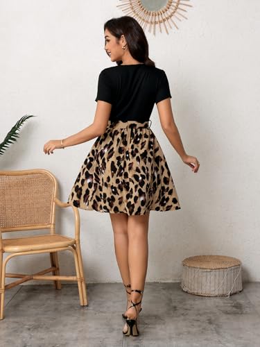 SweatyRocks Women's Graphic Short Sleeve Belted Mini Dress A Line Flared Skater Dresses2