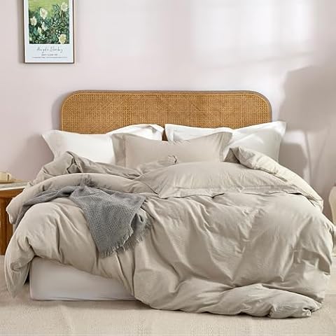 JELLYMONI 100% Washed Cotton 3 Pieces Cream Grey Duvet Cover Queen Size - Linen Like Textured Breathable Comforter Cover with Pillow Shams (Cream Grey, 90"x90") Cover
