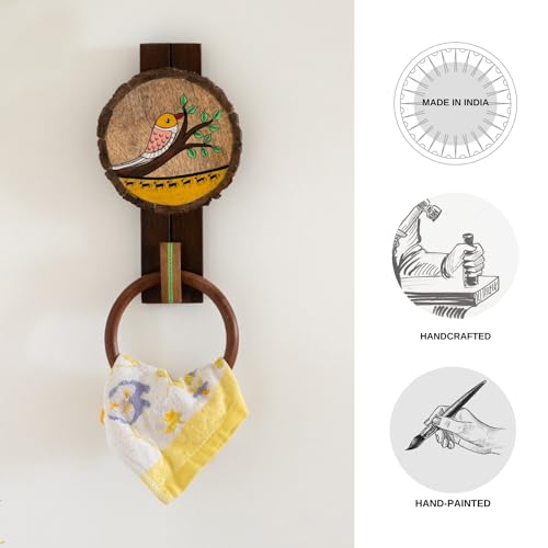 Image of ExclusiveLane 'Singing Bird' Wooden Towel Ring Holder for Wash Basin | Handpainted Towel Hanger for Bathroom Towel Holder Kitchen Towel Holder for Wash Basin Towel Ring (Mango, Teak & Sheesham Wood)