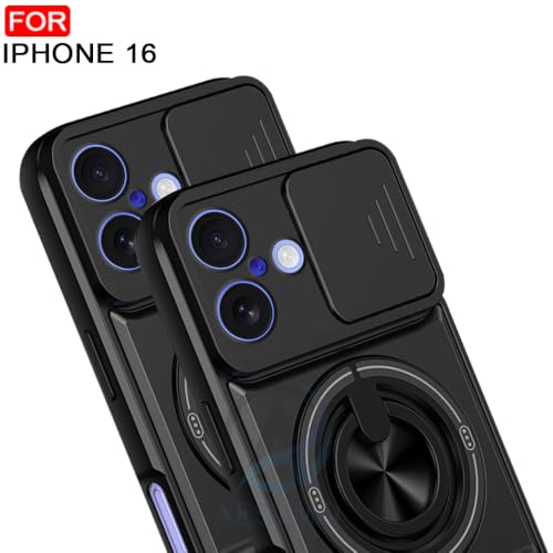 Image of AESTMO iPhone 16 Back Cover | Armor Camera Slider 360 Degree Rotating Finger Ring Holder Case with Bracket Stand Back Case Cover (Compatible with MagSafe Accessories) (Black)