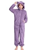 COZYPOIN Unisex Kids Fleece Jumpsuits Girls Fuzzy Hooded Rompers Zip Up One Piece Costume Warm Cute Clothes for 5-14 Y(Purple-L)