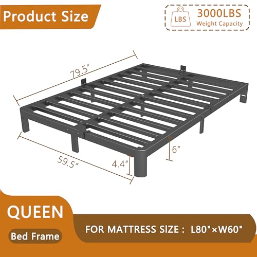 Image of 6 Inch Black Queen Bed Frame with Metal Gaskets, Anti-Slip Mattress Stopper, No Box Spring Needed, Heavy Duty Steel Slat Support, DIY Headboard, Round Corner Leg, Easy Assembly