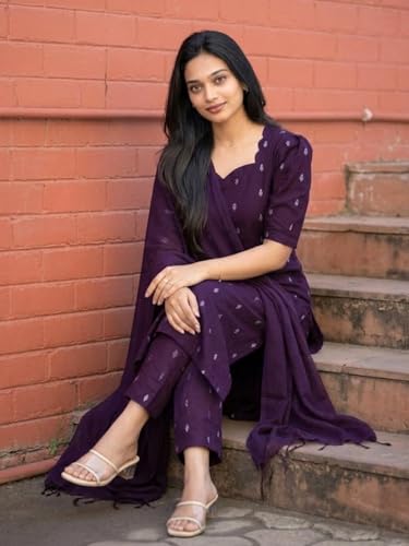 Image of ANNI Designer Women's Purple Printed Kurta Set | Pure Viscose 3 Piece Ethnic Suit Set with Pant & Dupatta | Festive for Women | Cotton Kurta Sets for Woman