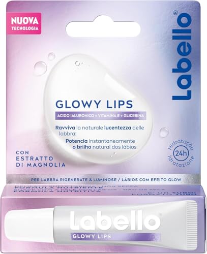 Labello Glowy Lips 10 ml, Burrocacao labbra ultra idratante 24h dal finish luminoso, Lip gloss lucidalabbra con Acido Ialuronico + Vitamina E + Glicerina ed estratto di Magnolia, Balsamo labbra secche