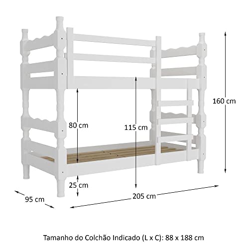 Beliche Madeira Maciça - vira 2 Camas - para Colchão 78/88 x 188cm Porto Multimóveis Cr4138 Branco