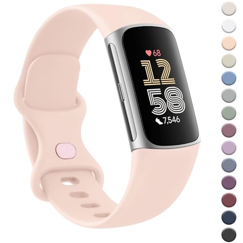 Image of AK Strap for Fitbit Charge 6 Straps/Fitbit Charge 5 Straps for Women Men,Silicone Sport Classic Soft Replacement Straps Compatible with Fitbit Charge 6/Fitbit Charge 5 (Small, Nude Pink)
