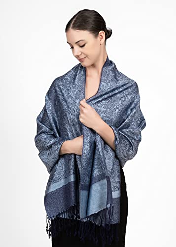 Achillea Two Tone Vintage Jacquard Paisley Pashmina Shawl Wrap Scarf (Steel Blue) #TOP1