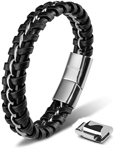 SERASAR Mens Leather Bracelets - African Bracelet for Men Silver Cowhide Gift-Box Braided Bracelet Stainless Steel Jewelry Wrist-Band Cuff Wrap Rope Bangle Dad Man Pulseras para Hombres Cuero Regalo