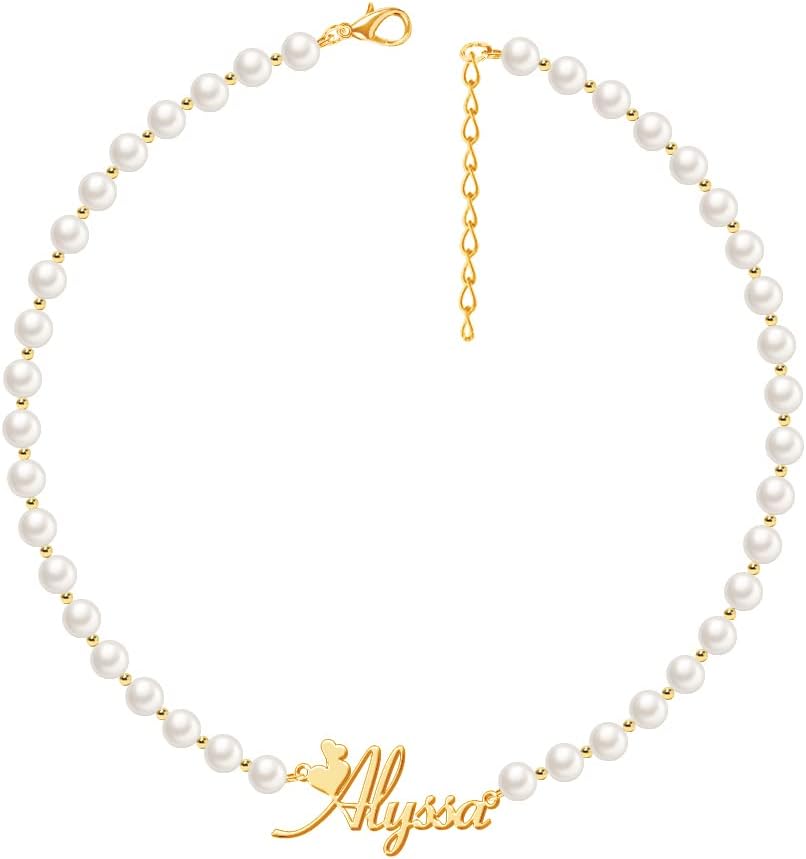 Custom Pearl Necklace with Name, Personalized Nameplate Necklace Customized Bridesmaid Gifts for Women