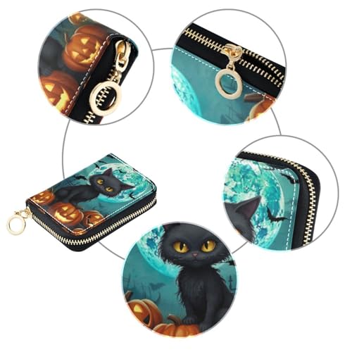 Halloween Pumpkin Black Cat Credit Cards Holder Purse for Women with Zipper,Leather Business Card Wallets for Ladies202a05923