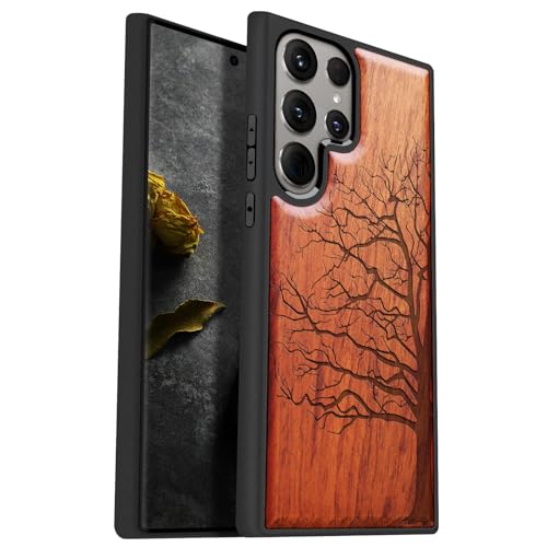 Carveit Wood Case for Galaxy S24 Ultra Case [Natural Wood & Black Soft TPU] Shockproof Protective Cover Unique Wooden Design Compatible with Samsung S24 Ultra (Eternal Tree-Rosy)