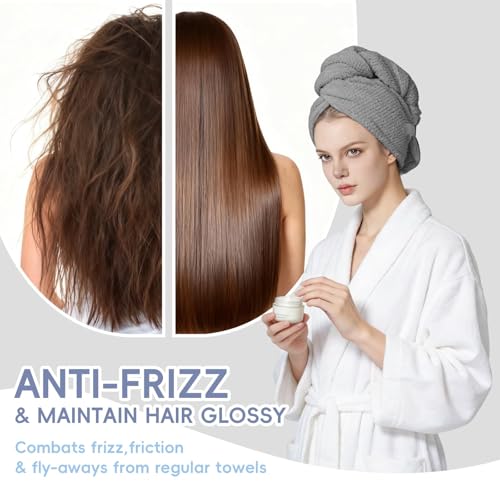 fistmta Large Microfiber Hair Towel for Women, Super Soft Absorbent Quick Dry Hair Towel Wrap with Elastic Band, Fast Drying Anti Frizz Hair Turban for Curly Long Thick Wet Hair Care 24\'\'x40\'\' (Grey)