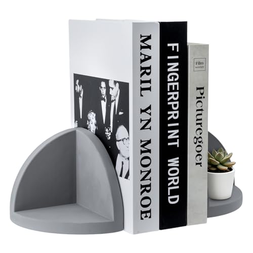 MyGift Bookends Decorative with Storage Space, Book Ends Heavy Duty for Shelves, Desk, Modern Gray Concrete Geometric Semi-Circle, Minimalist