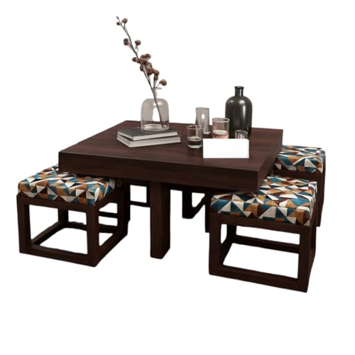 Image of Premium Sheesham Wood Coffee Table for Living Room | Wooden Coffee Table with 4 Stool | Walnut Finish with Multicolor Printed Cushions | Pre Assembled (Ready to Use)