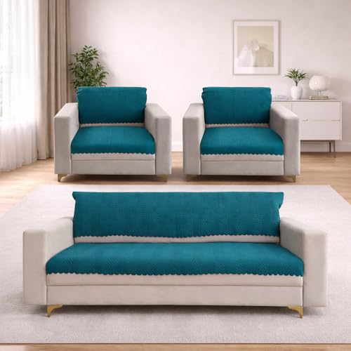 Image of Homerz Premium Velvet Sofa Cover Panel | Soft & Velvety Fabric | Rich Vibrant Colours | Sofa Protector for Living Room (Teal, 5 (3+1+1) Seater, Seat Cover with Backrest)