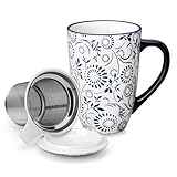 vancasso SELENE Porcelain Tea Mug, 18 oz Porcelain Tea Cup with Infuser and Lid Steeps Loose Leaf Tea, Microwave & Dishwasher Safe, Floral Bloom