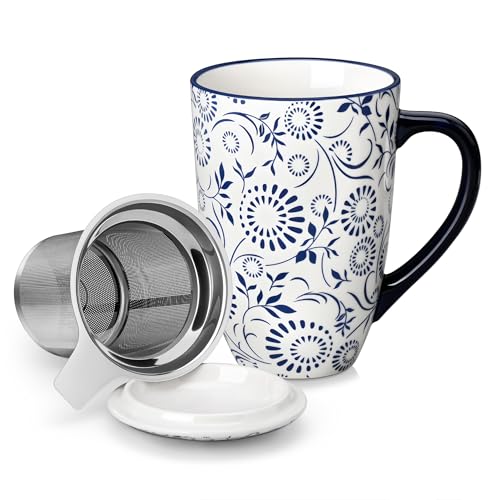 vancasso SELENE Porcelain Tea Mug, 18 oz Porcelain Tea Cup with Infuser and Lid Steeps Loose Leaf Tea, Microwave & Dishwasher Safe, Floral Bloom