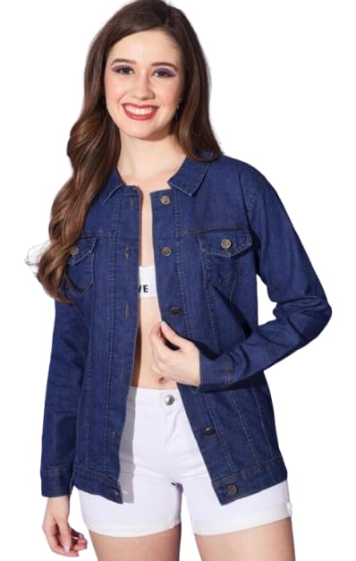 Navy Blue Woman long 100% Cotton Denim Relaxed Trucker Jacket 29100-picture-34
