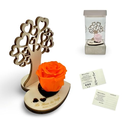 La Rosa dei Sogni Rosa Stabilizzata con Albero della Vita in Legno Intaglio Laser – Fiore Naturale a Lunga Durata, Scatola Elegante - Made in Italy (Arancione)