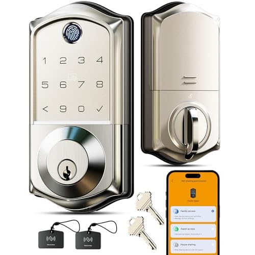 Veise VE017 Fingerprint Smart Door Lock, App Control, 7-in-1 Keyless Entry, Auto Lock, Emergency Power Port, Electronic Touchscreen Keypad, Biometric Smart Locks for Front Door, Satin Nickel