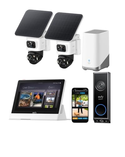 eufyCam S4 2‑Kamera‑Set mit Smart Display mit Video türklingel E340, kabellose Solar‑Überwachungskamera außen, 3‑Linsen Bullet‑PTZ‑Kamera, 4K UHD, 360° Multi‑Kamera‑Tracking, 16TB lokaler Speicher