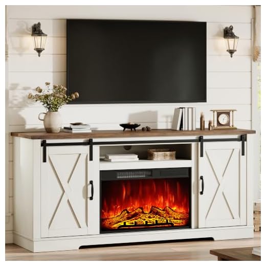 AMERLIFE Fireplace TV Stand with Sliding Barn Door for TVs up to 73", Farmhouse 63" Fireplace Entertainment Center with Storage Cabinets/Adjustable Shelves, Distressed White & Barnwood