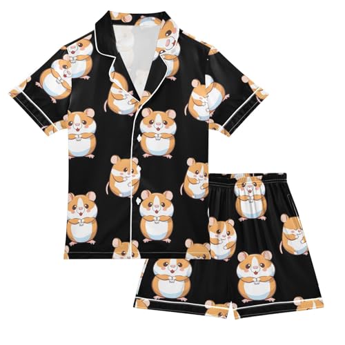 ALAZA Cute Animal Hamster Black Pajamas Satin Pajama Set Short Sleeve Button Down Sleepwear