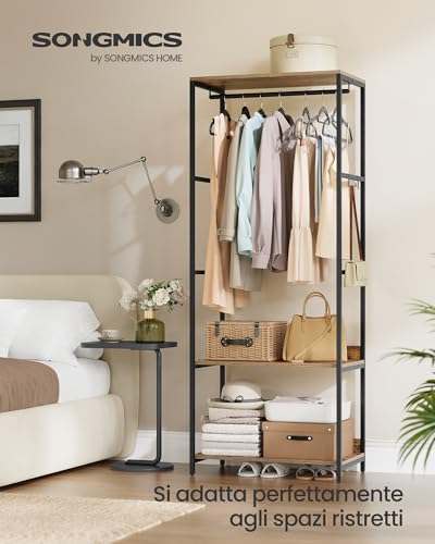 SONGMICS Guardaroba, Stand Appendiabiti, Armadio Aperto con Aste per Appendere, Ripiani Portaoggetti, Ganci Rimovibili, 60 x 40 x 181 cm, Marrone Vintage RGR006B01 - Immagine 1